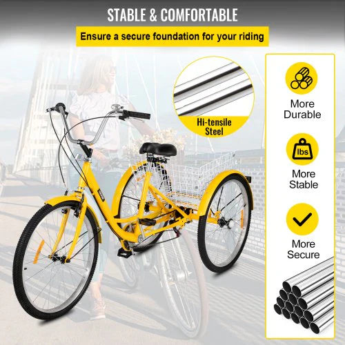 2025 Triciclo para adultos de 26 pulgadas, 7 velocidades, triciclo con canasta para paseos y compras