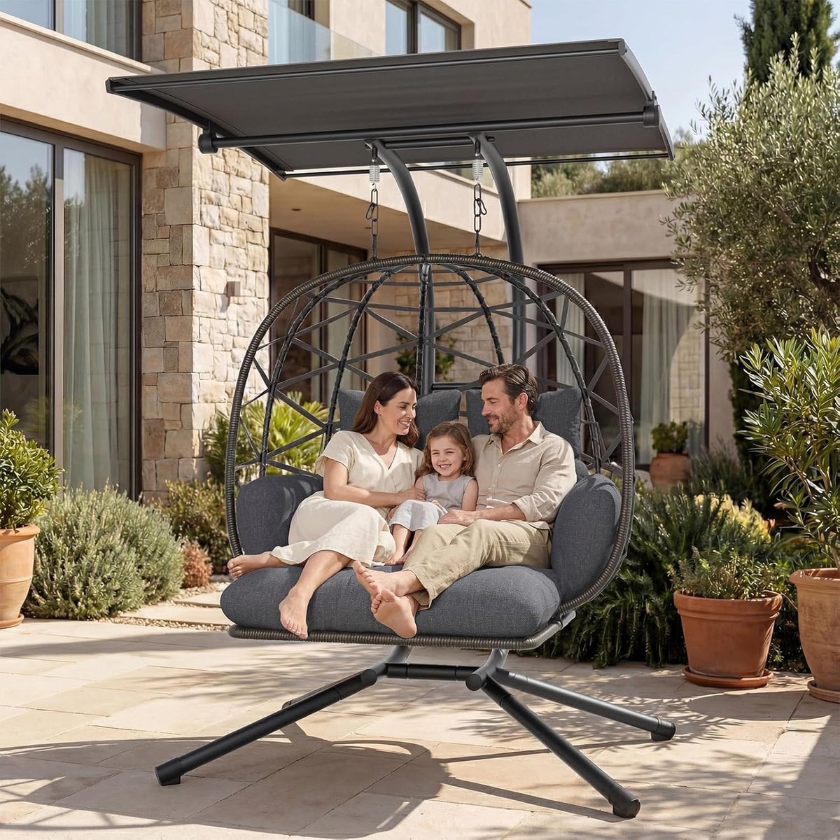 UDPATIO Hängesessel Outdoor mit Gestell, Hängeschaukel mit Sonnendach & Fußablage, Hängestuhl bis 280KG für 2 Personen, Verstellbare Kuppel & Dicke Kissen, Schaukel Sessel Garten, Balkon, Grau