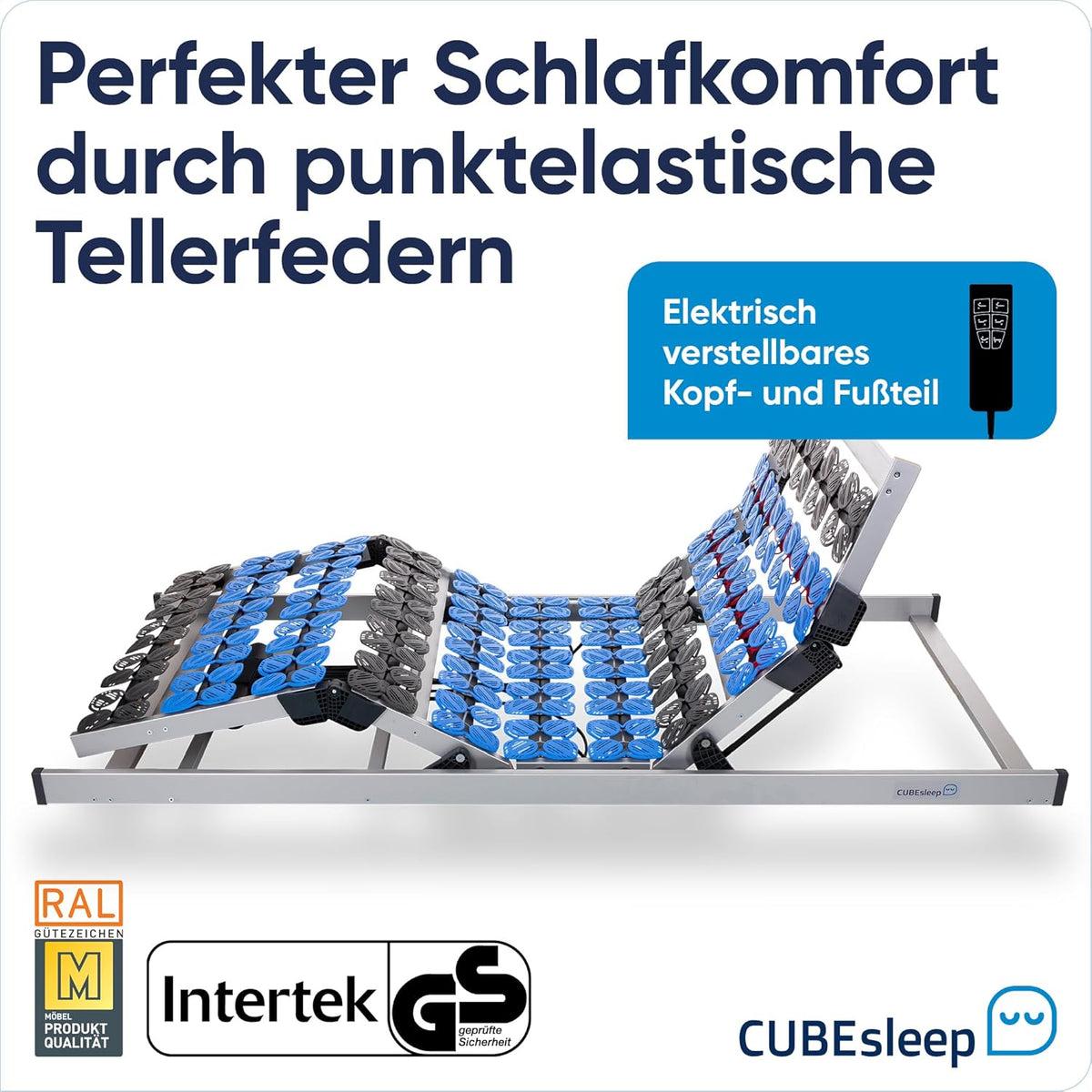 CubeSleep 7-Zonen Tellerfeder-Lattenrost Cloud 140x200 cm | Kopf- und Fußteil elektrisch verstellbar | Made In Germany | GS Zertifiziert – geprüfte Sicherheit | fertig montiert