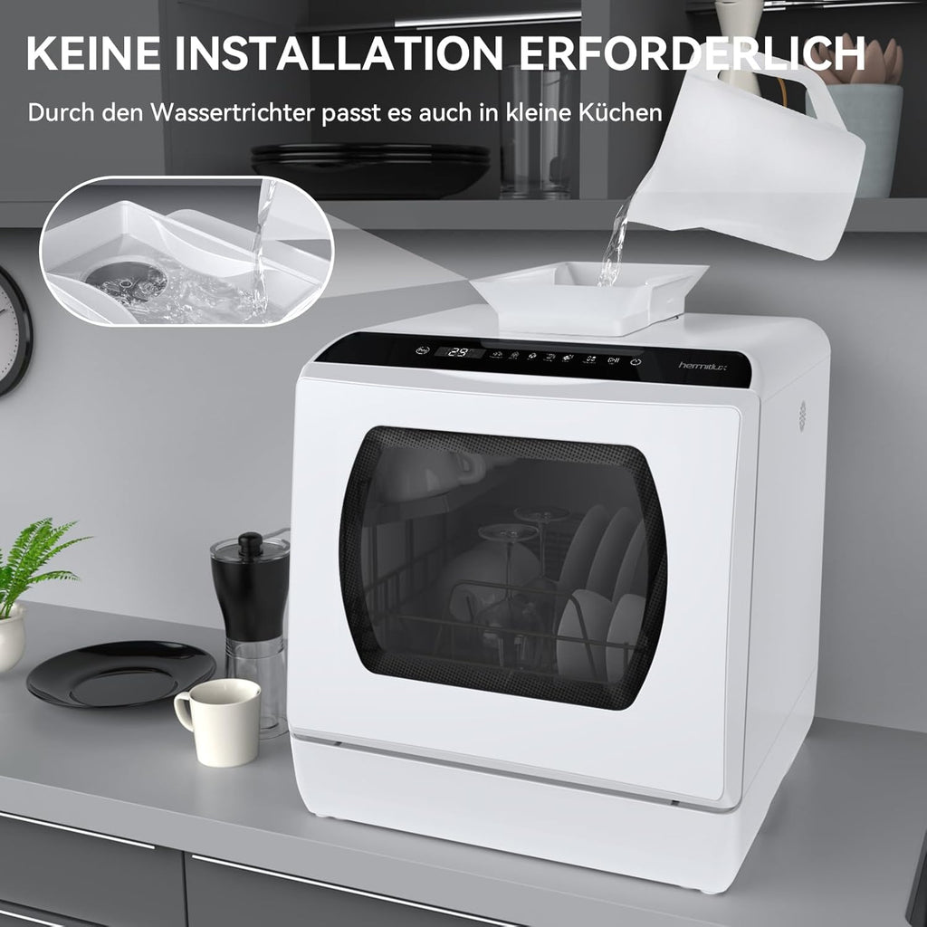 Hermitlux Mini Geschirrspüler, Spülmaschine für 4 Bestecksätze, 5 Liter Wassertank, 6 Programme Mini Tischgeschirrspüler, Perfekt für Wohnungen, Schlafsäle, Camping, Weiß