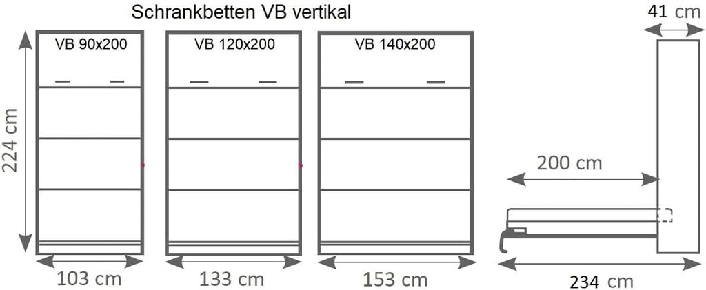 Schrankbett Wandbett Wandklappbett vertikal VB 140x200 mit Lattenrost und 2 Schränken weiß, Eiche Sonoma Lancelot schwarz Schlafzimmer Set neu (Weiß Hochglanz (Fronten))