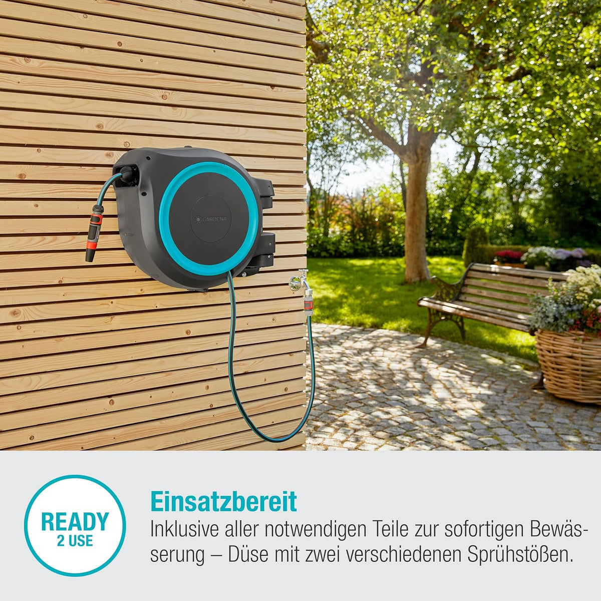 Gardena Wand-Schlauchbox RollUp XL (türkis) 35 m: flexible Bewässerung für große Gärten, Schwenkbare Schlauchbox, inkl. 35 m Gardena Qualitätsschlauch und Montagehilfe (18630-20)