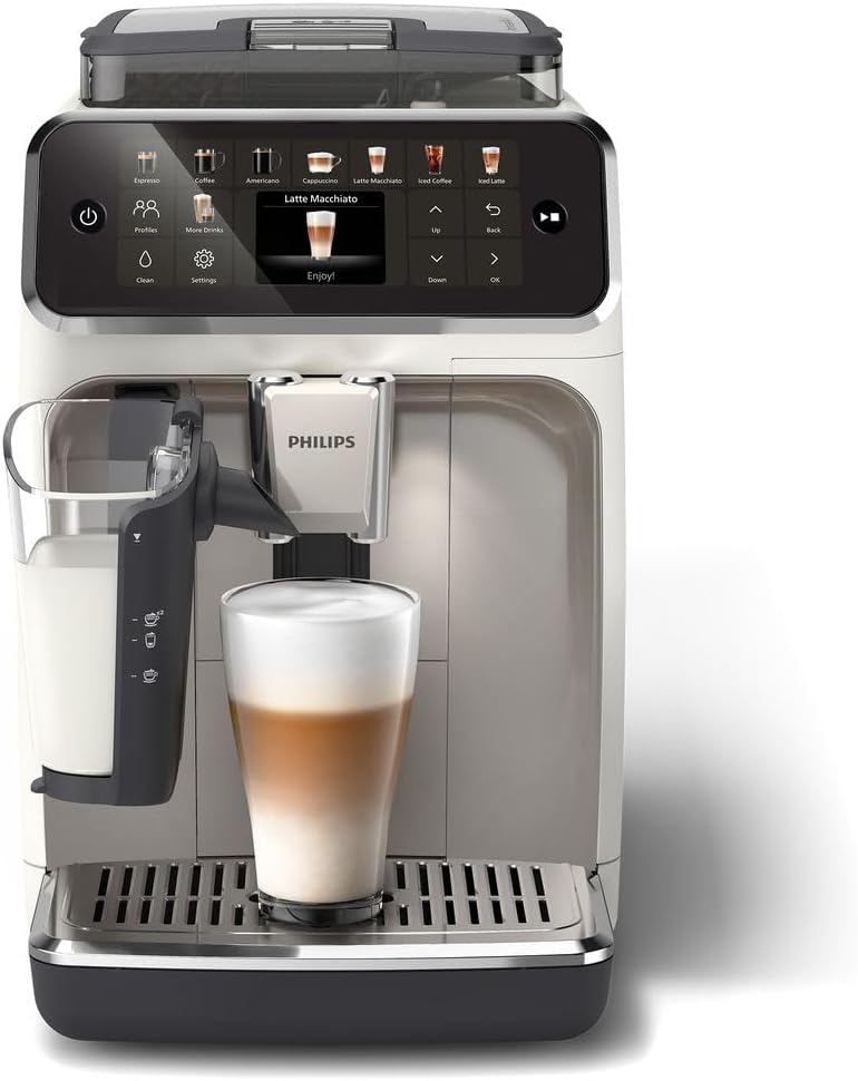 PHILIPS 5500 Series Kaffeevollautomat – 20 Getränke, Modernes Farb-Touchdisplay, LatteGo-Milchsystem, SilentBrew-Technologie, 100% Keramikmahlwerk, QuickStart, 1,8L Wassertank, Weißchrom (EP5543/90)