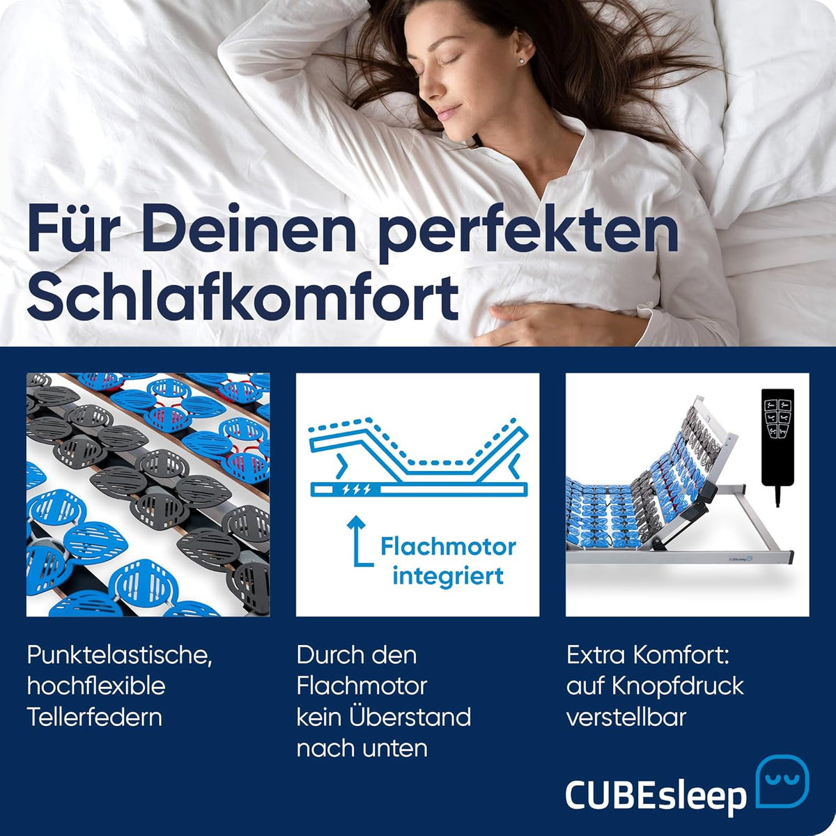 CubeSleep 7-Zonen Tellerfeder-Lattenrost Cloud 140x200 cm | Kopf- und Fußteil elektrisch verstellbar | Made In Germany | GS Zertifiziert – geprüfte Sicherheit | fertig montiert