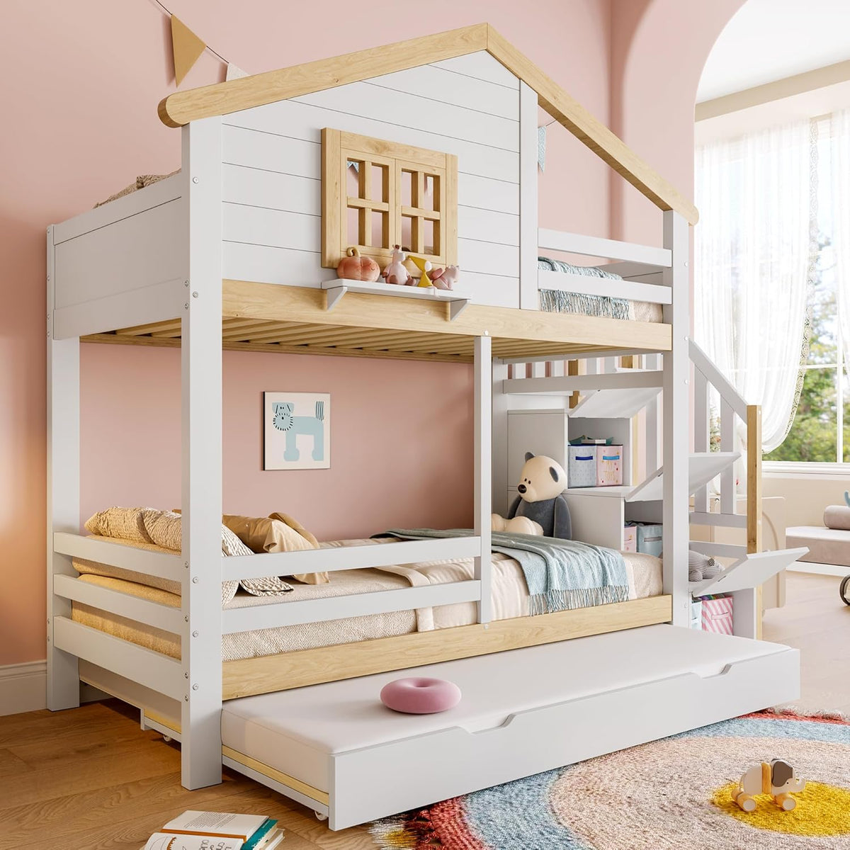 Kinderbett 90x200,Etagenbett für 2 Kinder,Hausbett Hochbett mit Ausziehbett&Treppe&Fenstern&Dach,Holzbett Stauraumbett Stockbett Jugendhochbett mit Rausfallschutz&Lattenrost,Ohne Matratze,Weiß+Natur