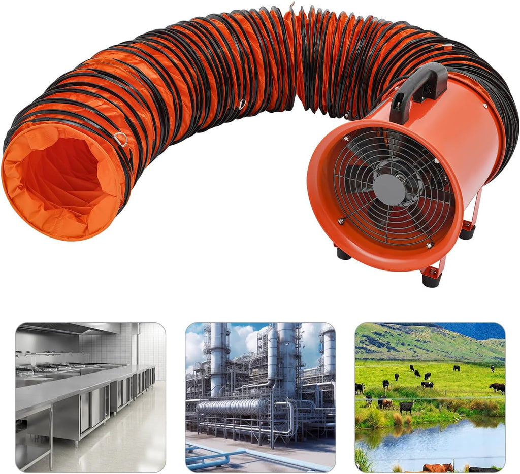 Bauventilator, 250mm Gebläse, 43m³/min Industrieventilator Baugebläse, 2800/3300rpm Schlauch Axialgebläse, 320W Gebläse mit 10m Kanalschlauch, für Fabriken Keller Stahlwerke Tunnel Autowerkstätten