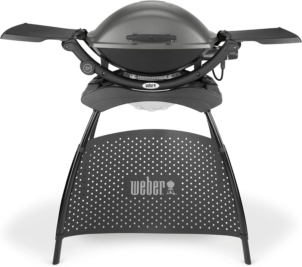 Weber Q2400 Elekrogrill mit Stand + Seitentischen, 54 x 39cm Grillfäche, portable, 2-geteilter porzellanemaillierter Guss-Grillrost, Aluminiumguss Deckel & Gehäuse - Dark Grey (55020879)