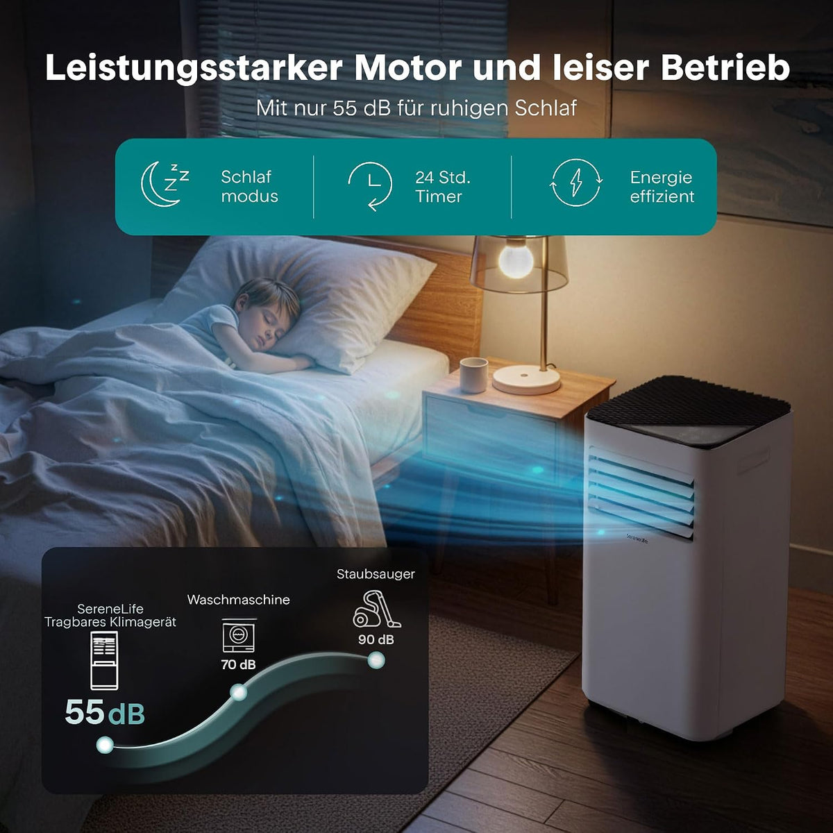 SereneLife Weiß Mobiles Klimagerät 9000 BTU 2,64kW für 28 m² – Air Conditioner mit Abluftschlauch, 3-in-1 mit Entfeuchter und Ventilator, Leise 54 dB, inkl. Fensterkit und Fernbedienung