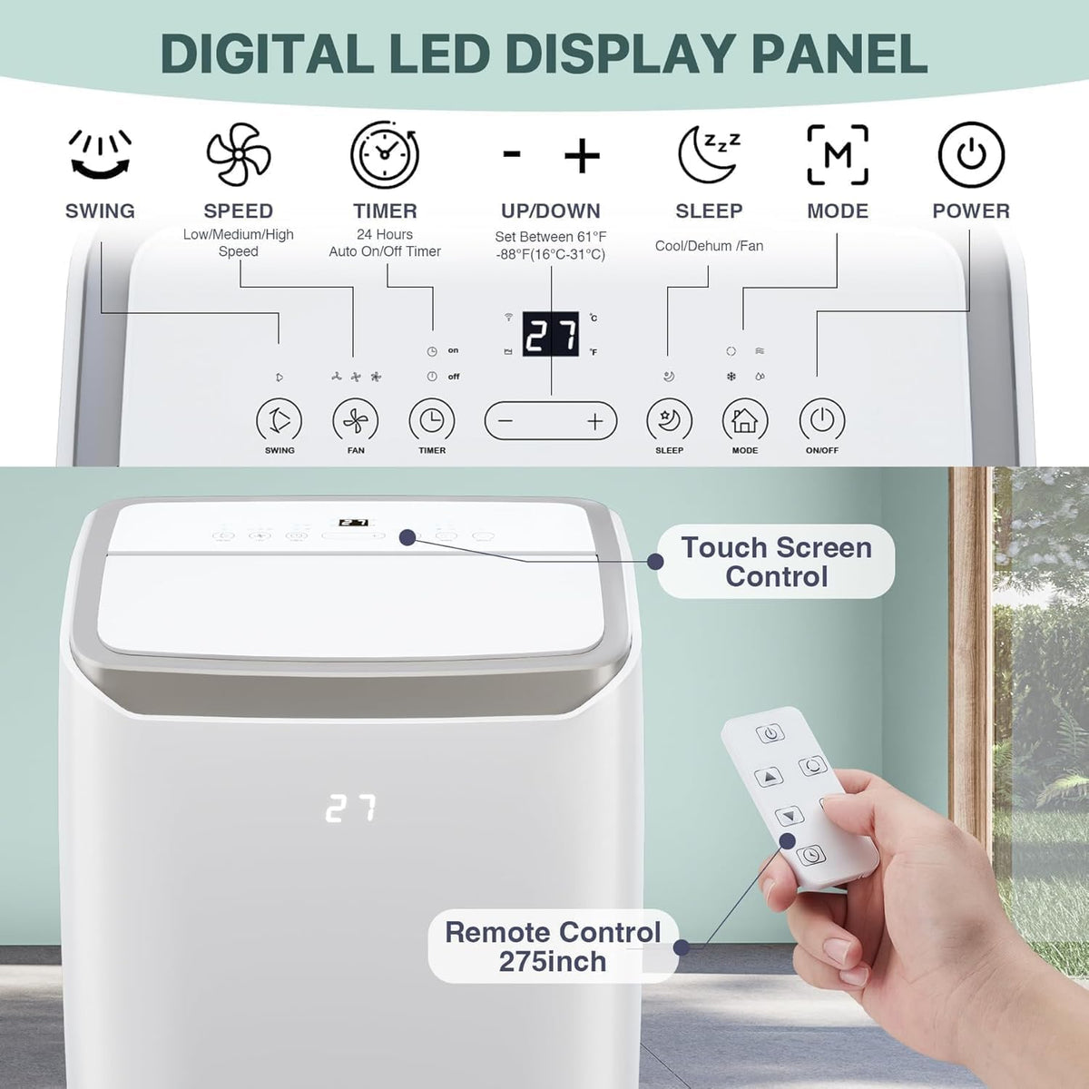 Tragbare Klimaanlagen, 12000 BTU Tragbarer AC für Räume bis zu 550 Sq.Ft, 3-in-1 AC mit schneller Kühlung, Luftentfeuchter & Drei-Geschwindigkeits-Lüfter, 24H Timer/Fernbedienung/Ultra Leise für