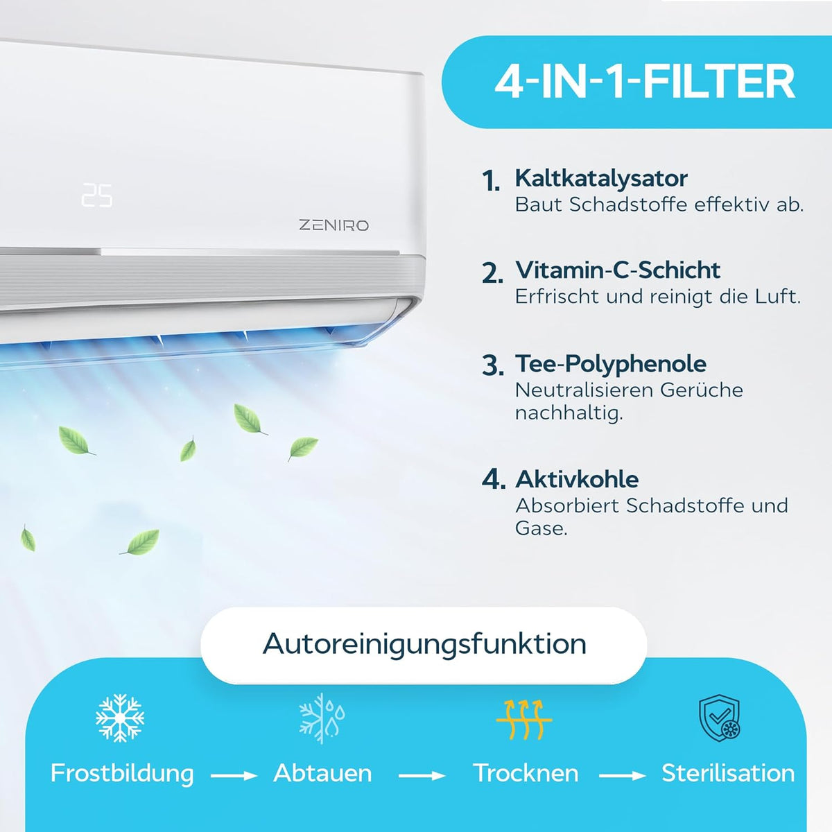 Split Klimaanlage Klimagerät Set Air Conditioner mit Heizfunktion 24000 BTU 7,2kW A++ WiFi/App-Steuerung 4D AirFlow Auto Reinigung inkl. Montagematerial Vorgefüllt R32
