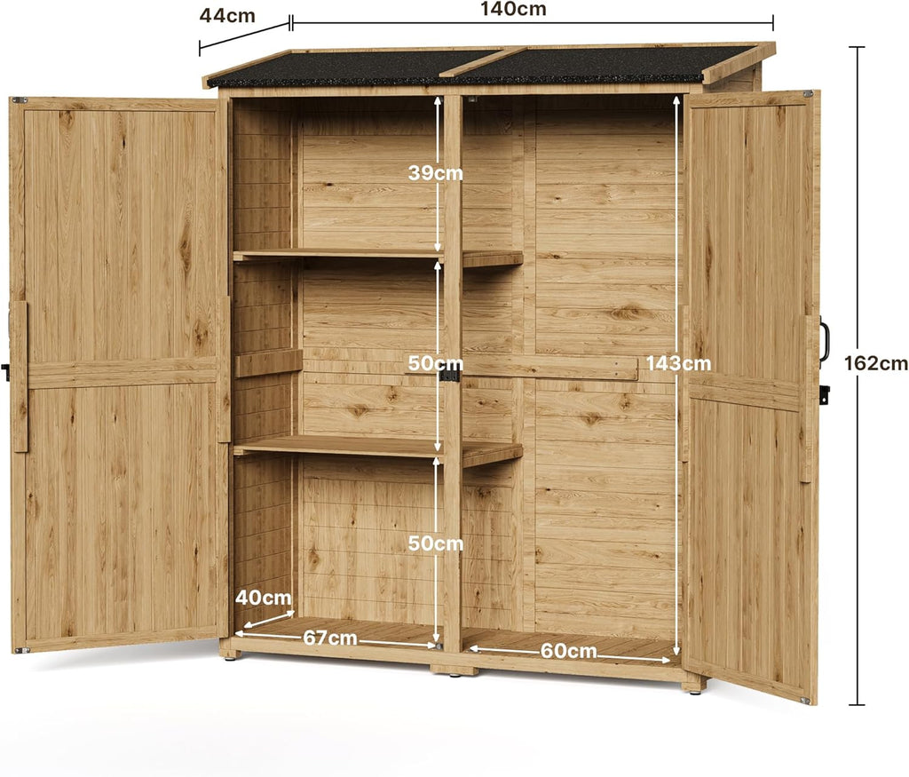 Gartenschrank Holz, Outdoor Geräteschrank, Gerätehaus mit Tür, Böden, Geräteschrank, Gartenhaus, Gartenschuppen für Garten, Terrasse & Balkon, 140x44x162cm, Natur