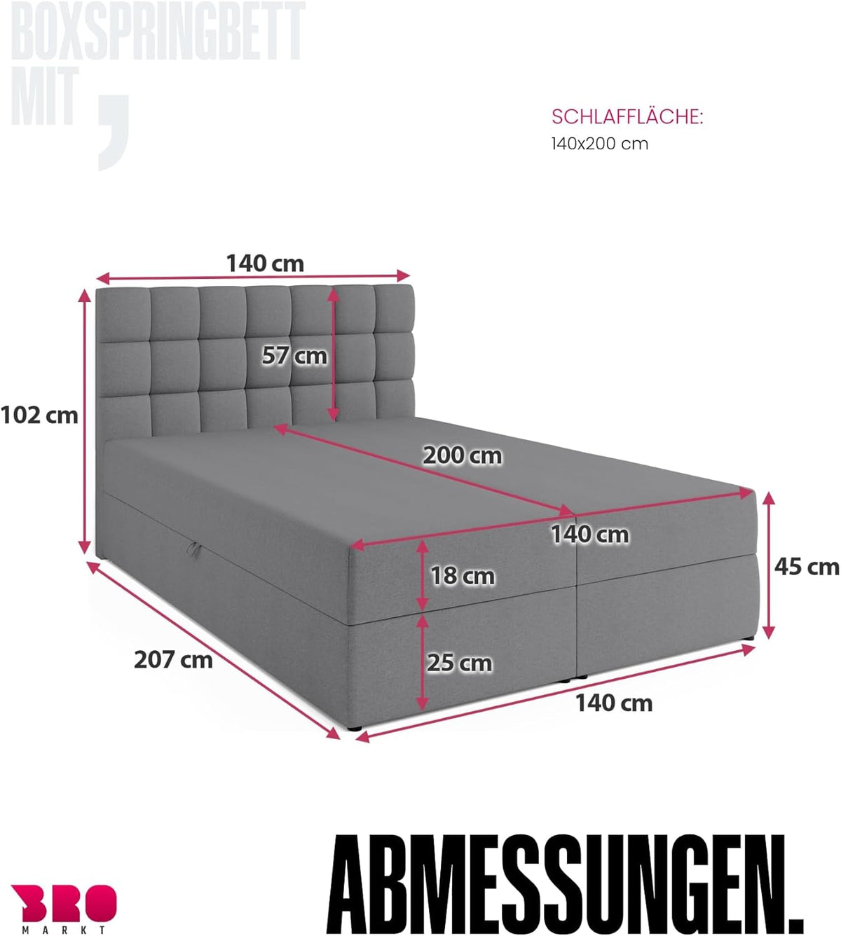 BROMARKT Boxspringbett mit Bettkasten Polsterbett mit Bonell-Matratze und Topper Bett für Schlafzimmer gepolstertes Kopfteil Dakota bonellfedern 140x200 Härtegrad H3 Grau Malmo