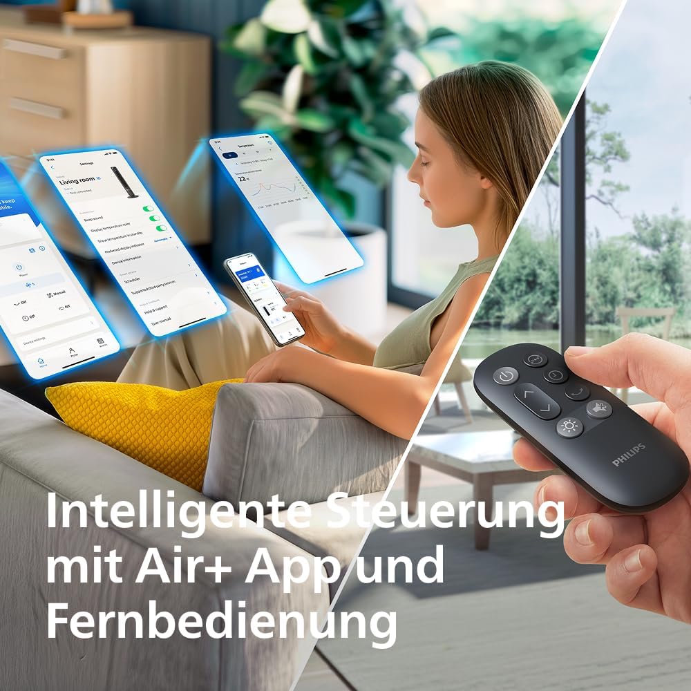 Philips Smarter Turmventilator 7000 Series – 8,4 m/s stark, ultraleise 22 dB, energieeffizient, App & Fernbedienung, Wlan, 12 Stufen, Schlafmodus, Temp‑Anzeige, 12‑h Timer, 80° Oszillation (CX7550/01)