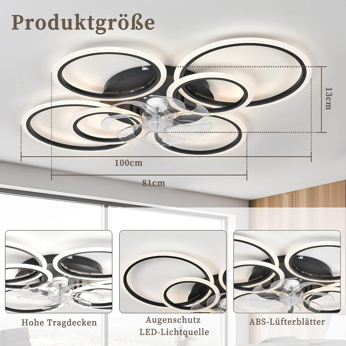 Deckenventilator Mit Beleuchtung Und Fernbedienung,85W,6800LM Lampe Mit Ventilator,100cm Led Dimmbar Deckenleuchte Mit Ventilator,6-Gang Ceiling Fan with Light Für Schlafzimmer Wohnzimmer,Schwarz