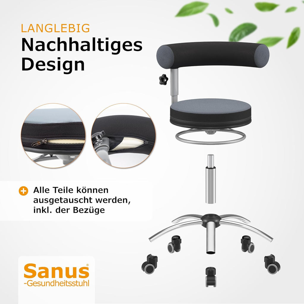 Sanus®-Gesundheitsstuhl | Rollhocker mit 360° Lehne, höhenverstellbarer Lehne, Sitzhöhe (42-51 cm), Stoffbezug grau/schwarz, Rollstopp-Rollen. Ergonomischer Bürostuhl, Erzieherstuhl