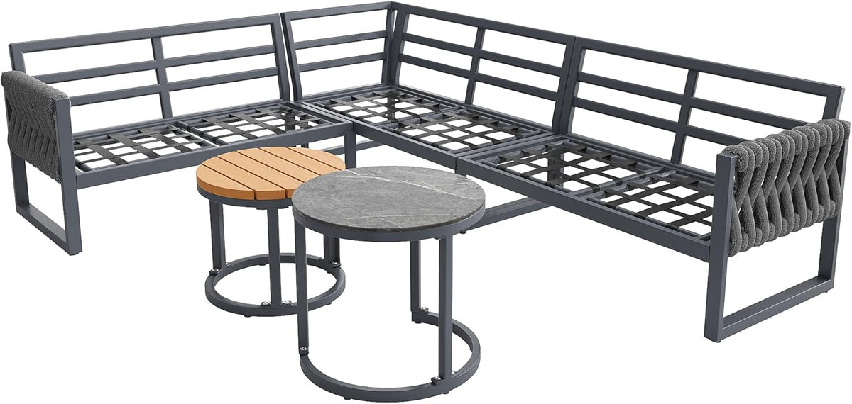 Gartenmöbel Set Lounge möbel Outdoor für 5-6 Personen, Metal, mit L-förmig gartensofa und Tisch, inklusive Aller Sitz- und Rückenkissen für Balkon Garten Terrasse (Grau)
