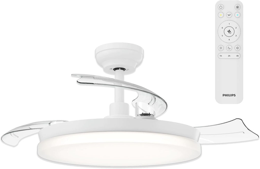 PHILIPS Solr Deckenventilator mit LED-Licht und Einziehbaren Flügeln, 3 Flügel, 106 cm Flügelspannweite, 4.500 Lumen, Drei Weißstufen (2.700 K/4.000 K/5.500 K), Dimmbar bis 10%, Inkl. Fernbed., Weiß