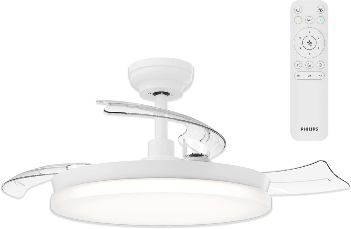 PHILIPS Solr Deckenventilator mit LED-Licht und Einziehbaren Flügeln, 3 Flügel, 106 cm Flügelspannweite, 4.500 Lumen, Drei Weißstufen (2.700 K/4.000 K/5.500 K), Dimmbar bis 10%, Inkl. Fernbed., Weiß