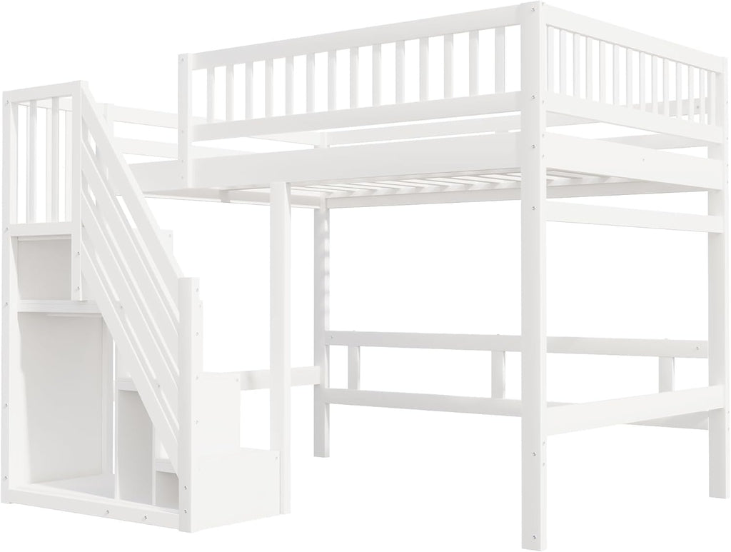 Kinderbett Etagenbett 140x200, Hochbett mit Treppe und Aufbewahrungsschrank, Multifunktionsbett Stockbett Spielbett Kinderhochbett Jugendhochbett mit Lattenrost & Rausfallschutz, Ohne Matratze, Weiß