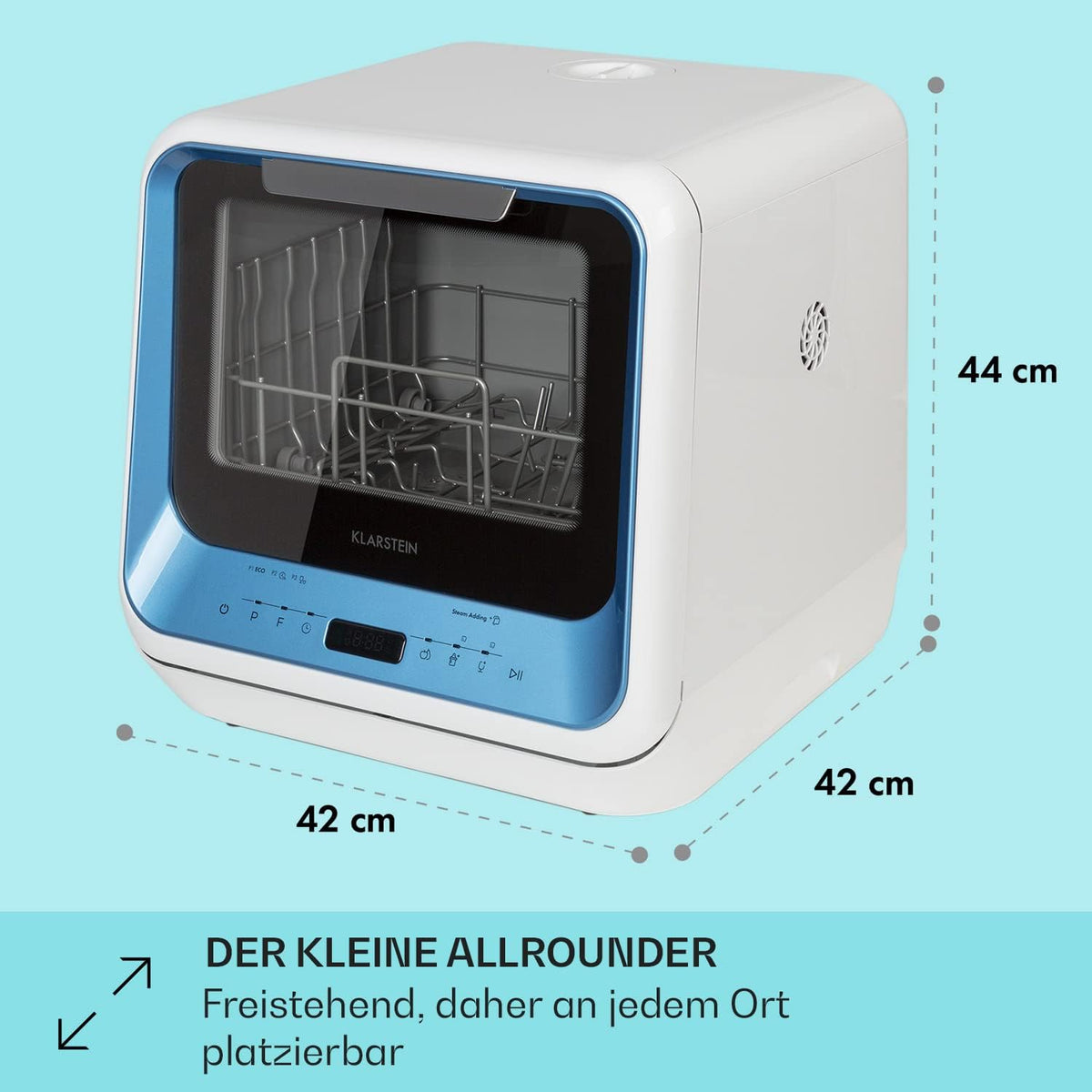 Klarstein  ia Mini Geschirrspüler, Spülmaschine mit Platz für 2 Maßgedecke, 6 Programme, 5 L Wasser benötigt, LED-Display, Touch, Tischgeschirrspüler inkl. Zubehör, schwarz