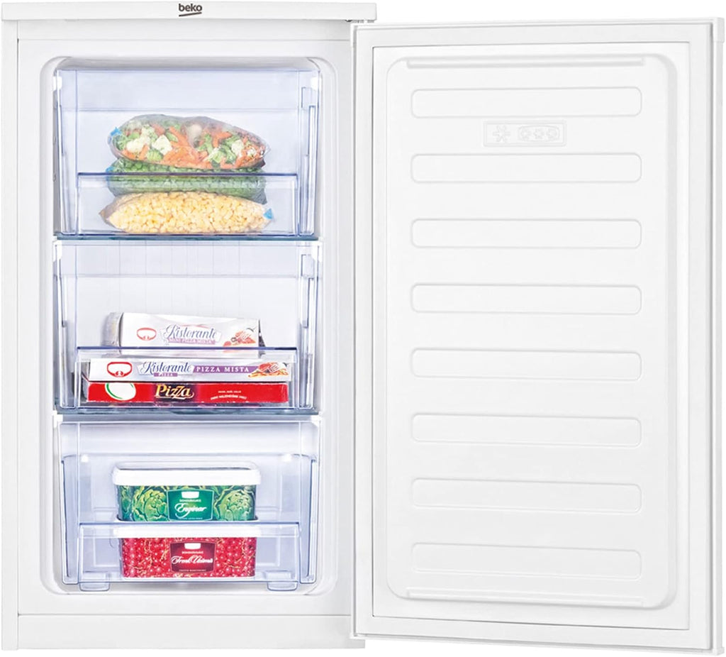 Beko FS166020 Gefrierschrank, freistehend, unterbaufähig, 65 l Nettovolumen, 3 kg/24h Gefrierkapazität, 3 Schubladen, MinFrost, wechselbarer Türanschlag, in unbeheizten Räumen nutzbar, Weiß