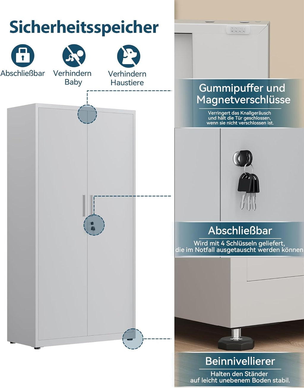 Aktenschrank, Mehrzweckschrank, Stahl-Aufbewahrungsschrank, Werkstattschrank, 180 x 80 x 40 cm, graues weiß