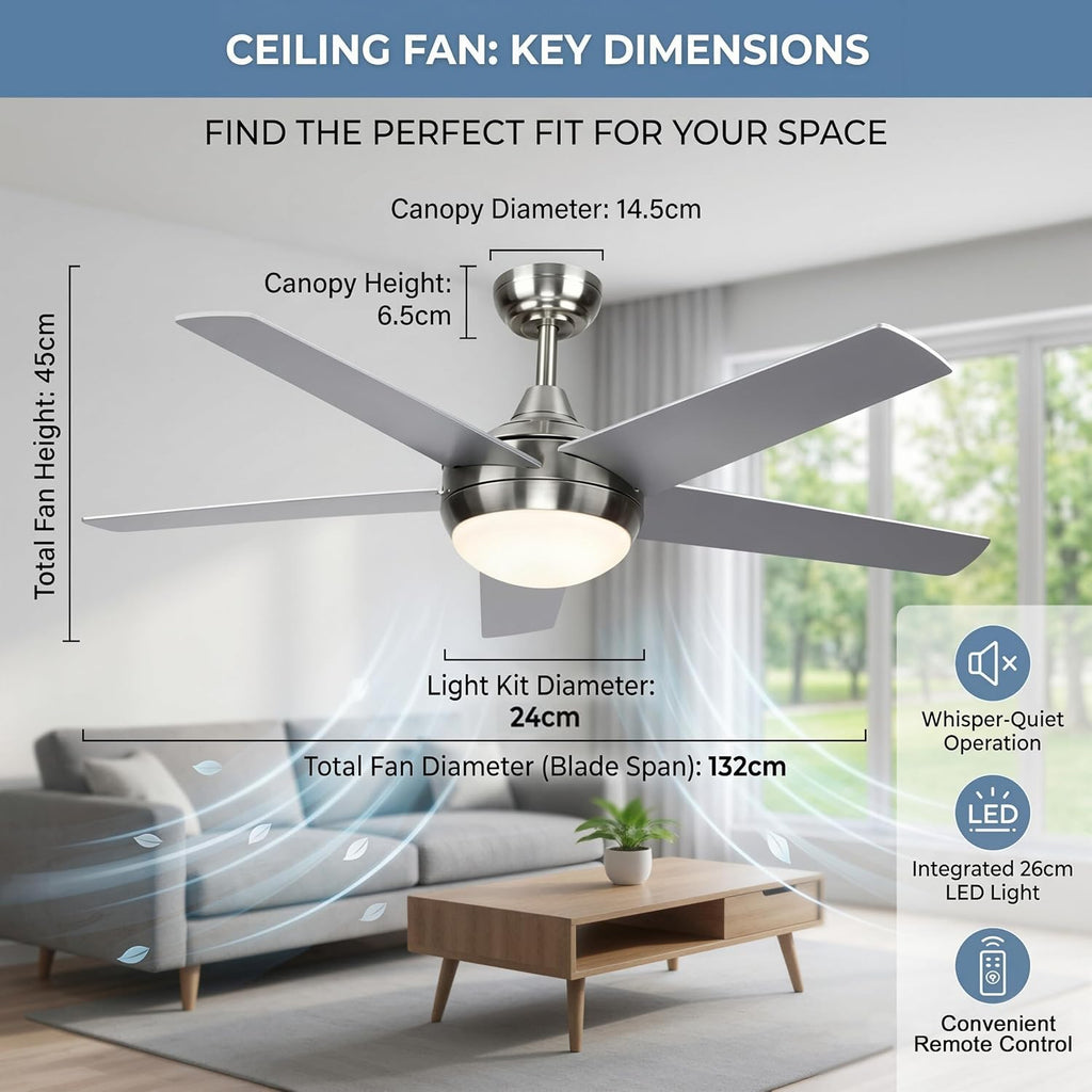 Deckenventilator mit Beleuchtung, Leiser DC-Ventilator 132cm mit Fernbedienung, Dimmbare Lampe 3000K-6500K, 5 Flügel, 6 Geschwindigkeiten, Timer, für Schlafzimmer, Esszimmer, Wohnzimmer, Küche, Büro