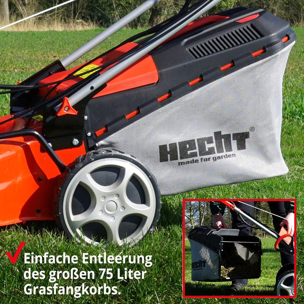 HECHT 5-IN-1 Benzin Rasenmäher – leistungsstarker 4 Takt Eco Motor 4,4 kW (6,0 PS) – Seilzug Starter – mit 53 cm Schnittbreite – 75 l Fangkorb – Radantrieb – patentierte Räder – EasyClean – Mulchmäher