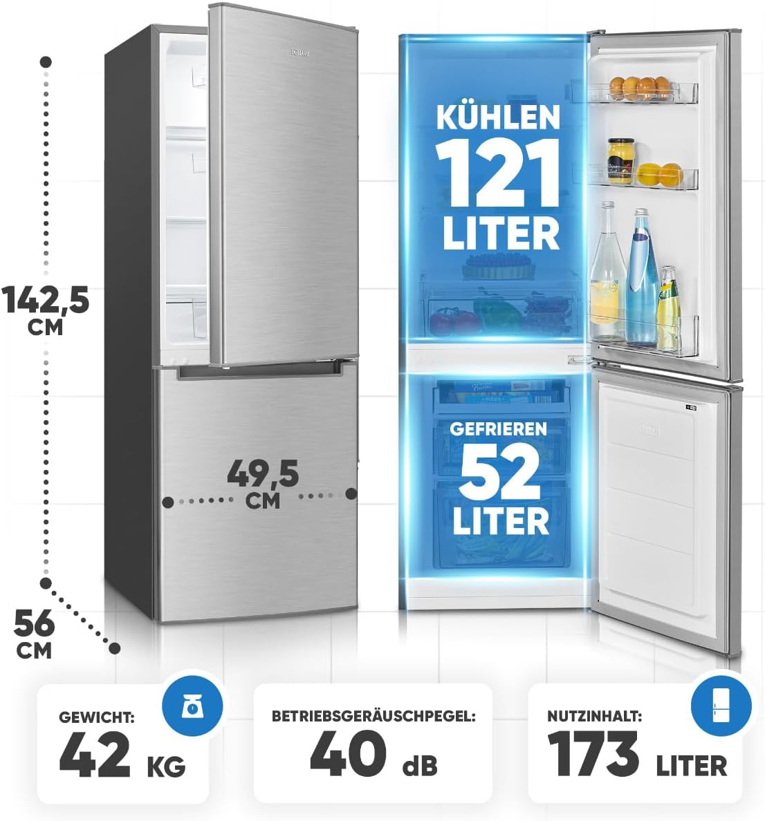 Bomann® Kühlschrank mit Gefrierfach | Energieklasse C | 143cm | Kühl Gefrierkombination leise 40 dB | 3 Ablagen & 2 Schubladen | Türanschlag wechselbar | 173L Kühlgefrierkombi | KG 7359 inox