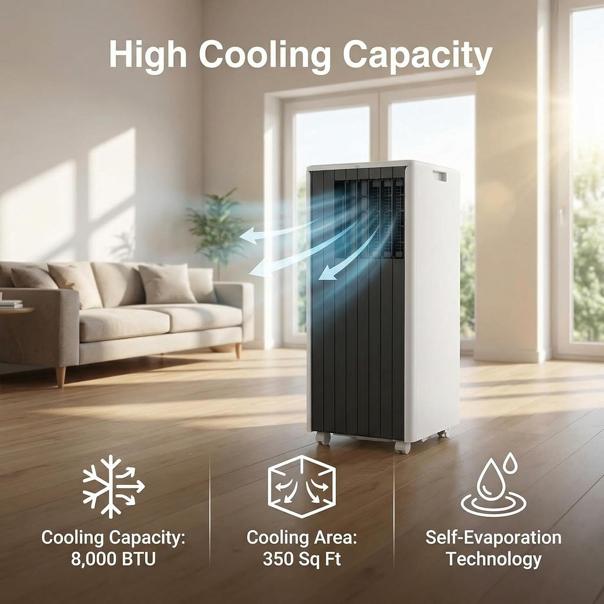 Mobile Klimaanlage, 8000 BTU, 3 in 1 AC Kühlung, tragbare Klimaanlage mit Sleep-Modus, Bodenklimaanlage ohne Belüftung, 3 Lüfter