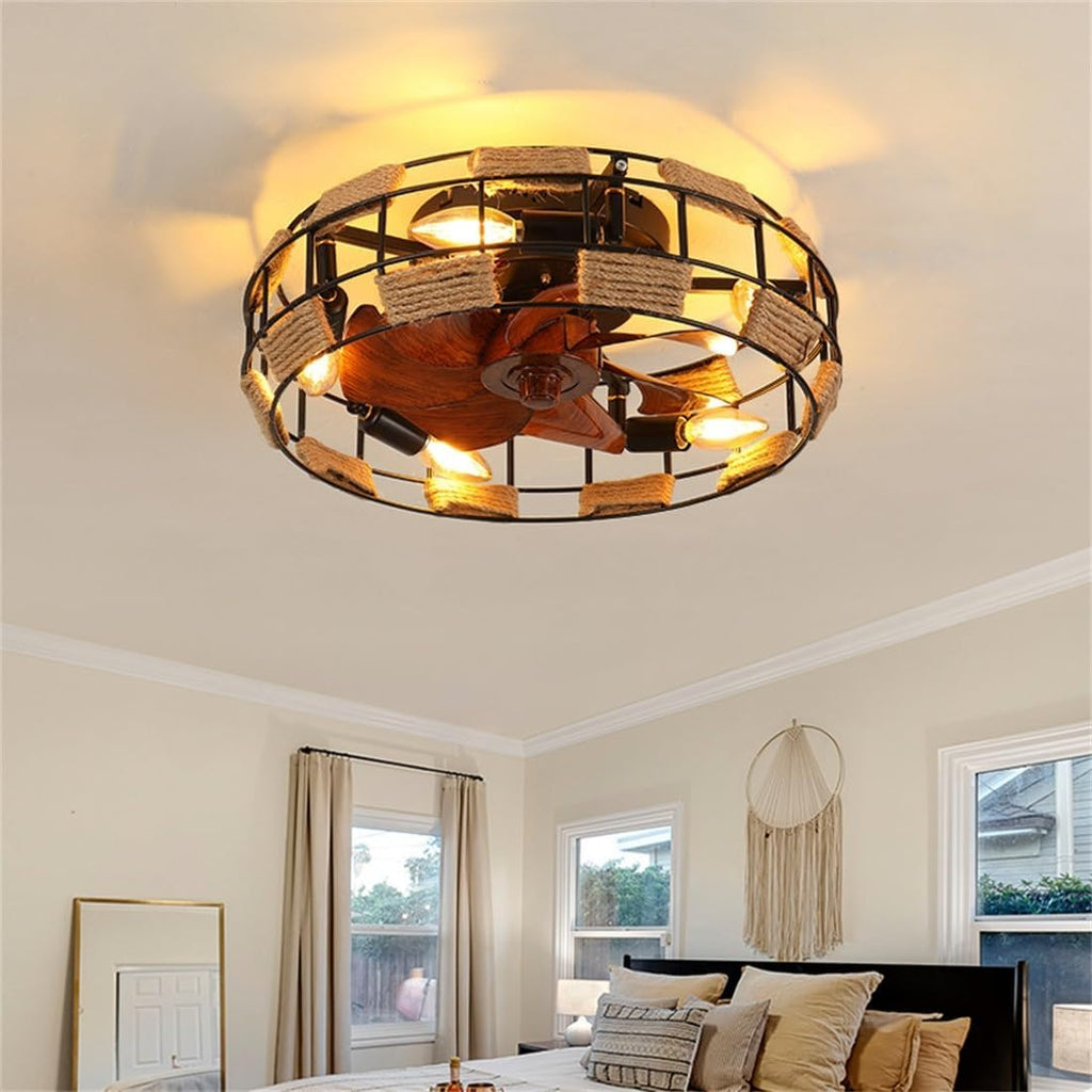 Deckenventilator Mit Beleuchtung, Leise Timer Vintage E27 Deckenlampe Mit Ventilator, Eisenkunst+Hanfseil Ventilator Retro 46W Deckenleuchte, 6-Gang-Einstellung, Für Schlafzimmer Wohnzimmer Esszimme