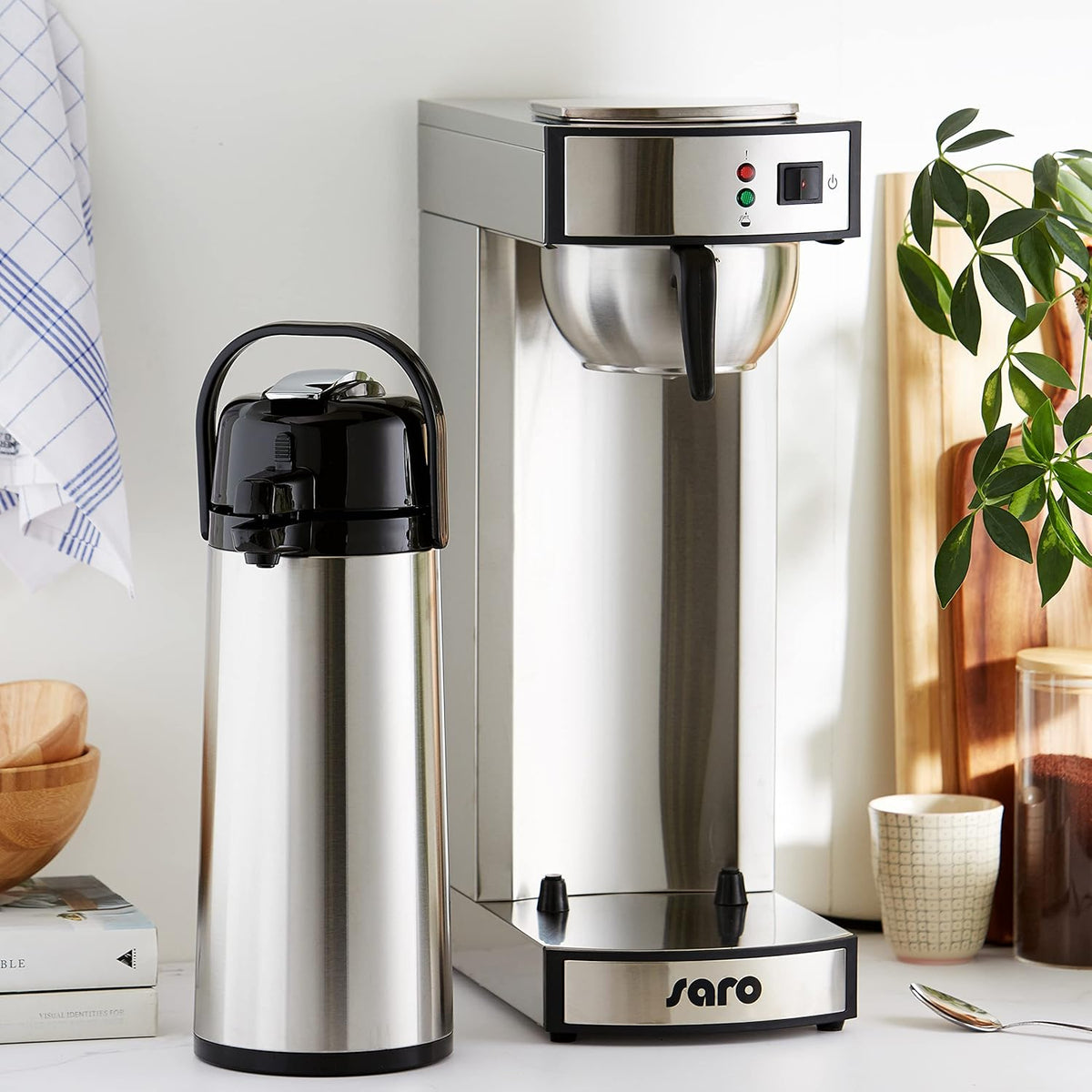 Saro Thermo Kaffeemaschine mit Korbfilter und Thermoskanne Industriekaffeemaschine mit Pumpkanne (2,2 Liter, ca. 10 Tassen Kaffee, Brüh- & Warmhaltefunktion), silber