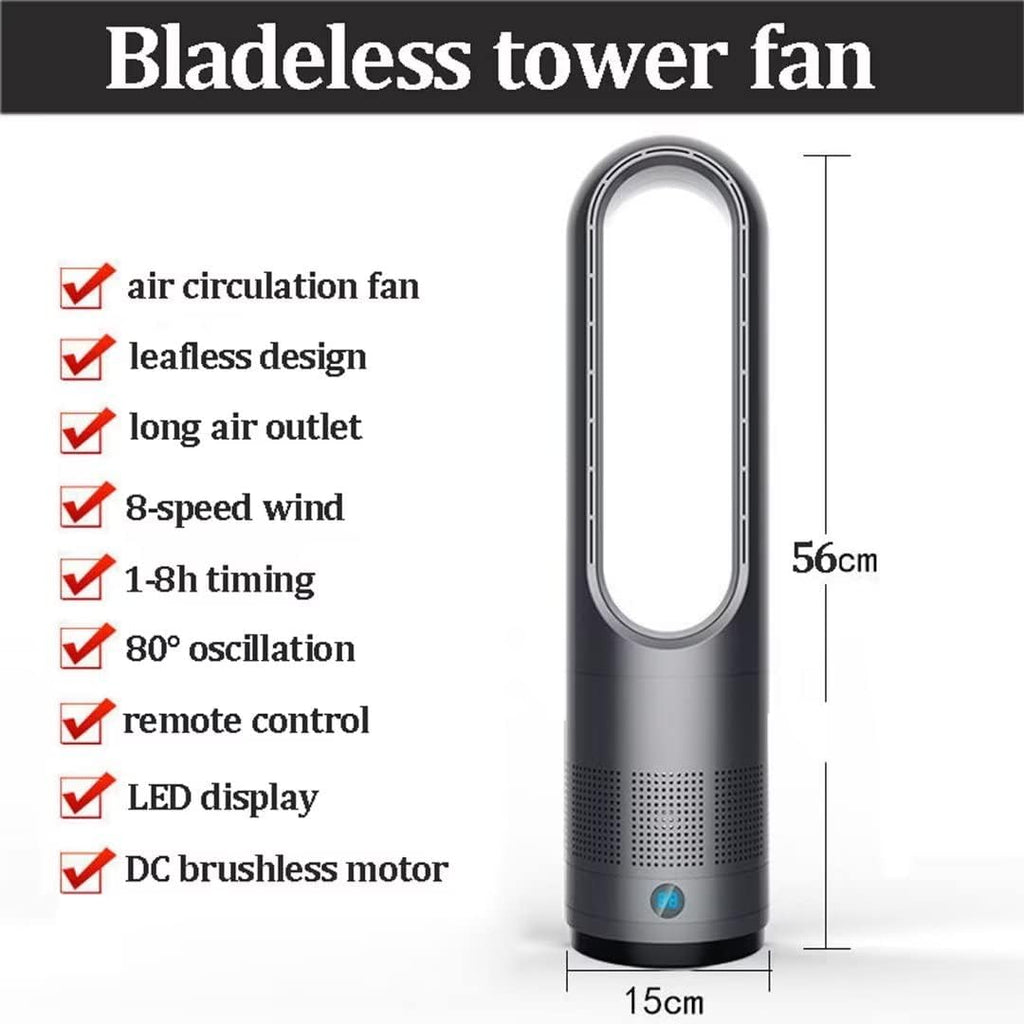 Moderner Turmventilator ohne Flügel, 40 W, natürliche Windkühlung, 80 ° Oszillation mit Fernbedienung, 8 Geschwindigkeitsstufen, 8 Stunden Timer, LED-Anzeige, leise