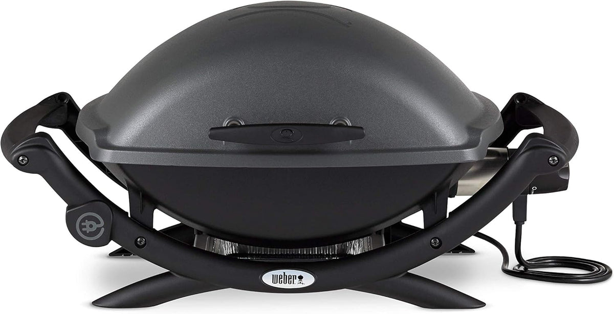 Weber Q2400 Elekrogrill mit Seitentischen, 54 x 39cm Grillfäche, portable, 2-geteilter porzellanemaillierter Guss-Grillrost, Aluminiumguss Deckel & Gehäuse - Dark Grey (55020079)