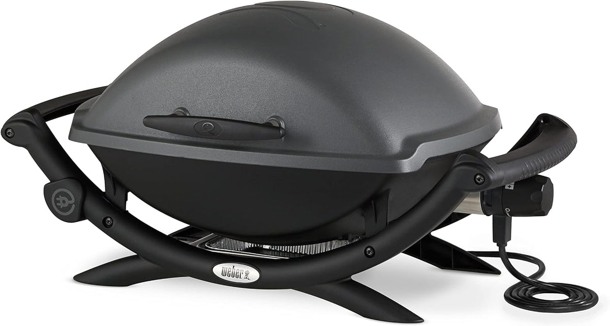Weber Q2400 Elekrogrill mit Seitentischen, 54 x 39cm Grillfäche, portable, 2-geteilter porzellanemaillierter Guss-Grillrost, Aluminiumguss Deckel & Gehäuse - Dark Grey (55020079)