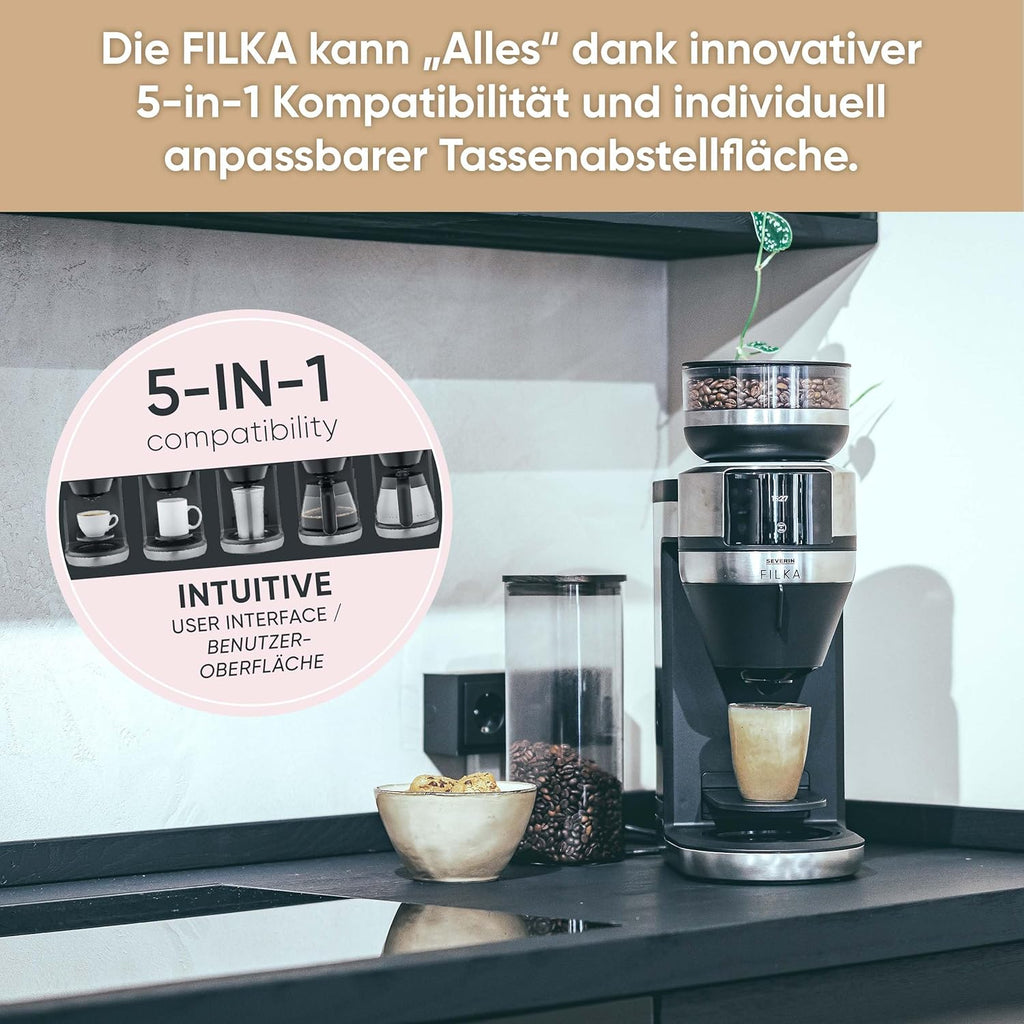 SEVERIN Filka, Vollautomat für Filterkaffee, 5-in-1 Filterkaffeemaschine mit LED-Display, Mahlwerk, mit Thermokanne, schwarz-matt, Edelstahl, KA 4853