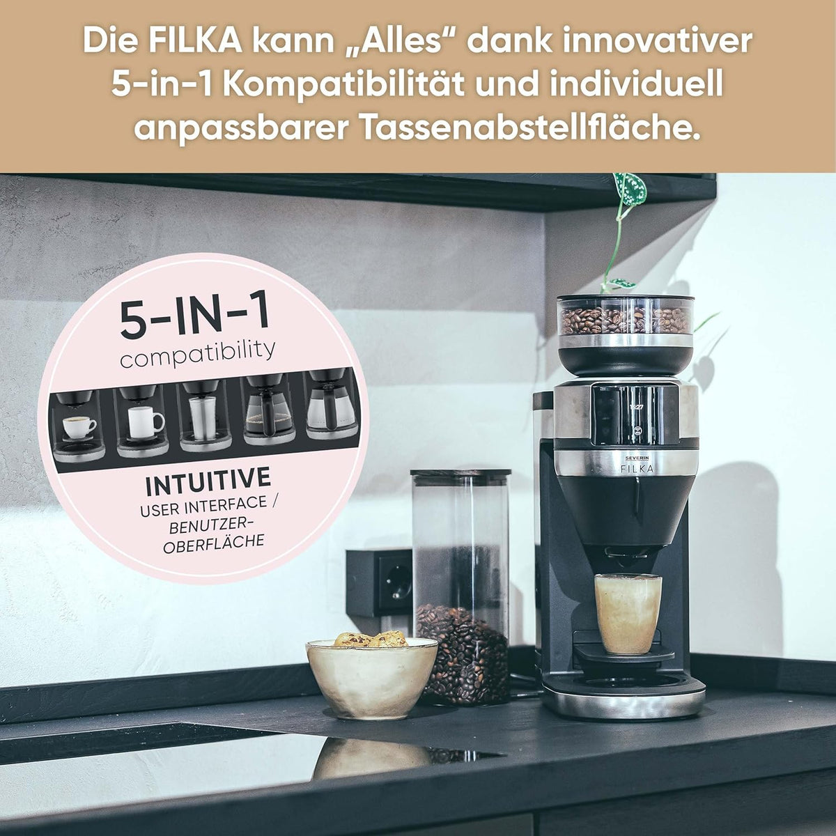 SEVERIN Filka, Vollautomat für Filterkaffee, 5-in-1 Filterkaffeemaschine mit LED-Display, Mahlwerk, mit Thermokanne, schwarz-matt, Edelstahl, KA 4853