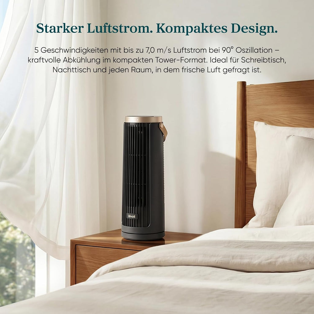 Levoit Kompakt Turmventilator Akku DC Motor Indoor/Outdoor – leise ab 20dB Ventilator – 7m/s Kühlung Tischventilator– 5 Stufen/90° Oszillation/12 Std Timer/Fernbedienung – tragbar, 33 cm, Graphitgrau