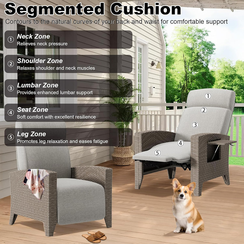 Großer Gartensessel mit Liegefunktion,Relaxliege Liegesessel mit Verstellbarer Rückenlehne,Verstecktem Fußhocker,Sonnenliege Rattan Für Balkon,Innen-Beige Sitzkissen und Braun Rattan