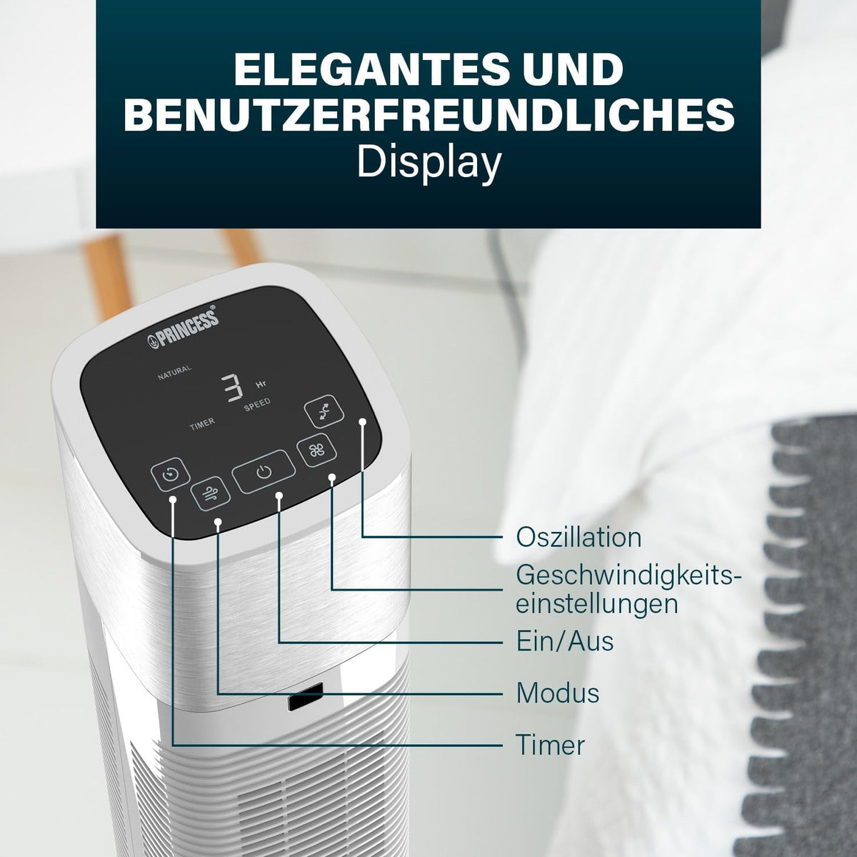 Princess Geräuscharmer Turmventilator - Höhe 103 cm - 3 Modi & 3 Geschwindigkeiten - Oszillation - Steuerbar per App