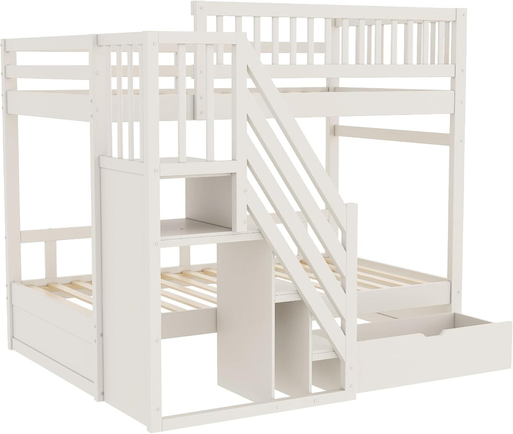Kinderbett Etagenbett 90x200 Für 2 Kinder, Hochbett mit Treppe&Aufbewahrungsschrank&Schublade, Massivholz Funktionsbett Stockbett Jugendhochbett mit 2xLattenrost & Rausfallschutz, Ohne Matratze, Weiß