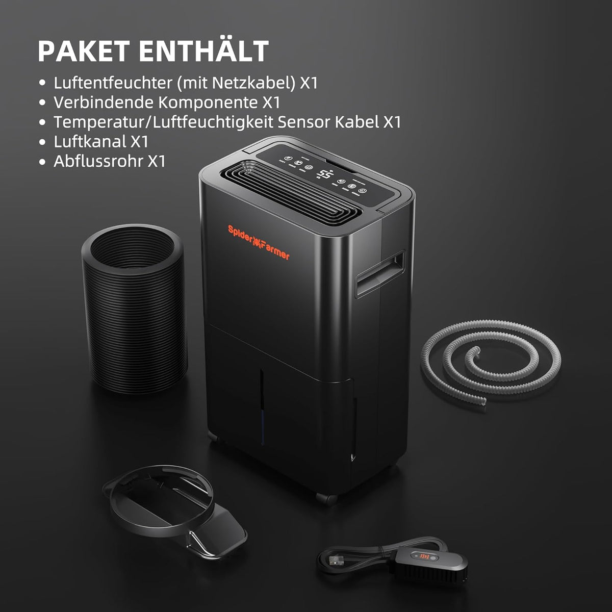 SPIDER FARMER Aufgerüstete Luftentfeuchter Grow Box 12L Luftentfeuchter Elektrisch mit RJ12 Kabel Abflussrohr, Automatische Abtauung, 24H Timer Funktion, Raumentfeuchter für Growzelt Keller Pflanzen