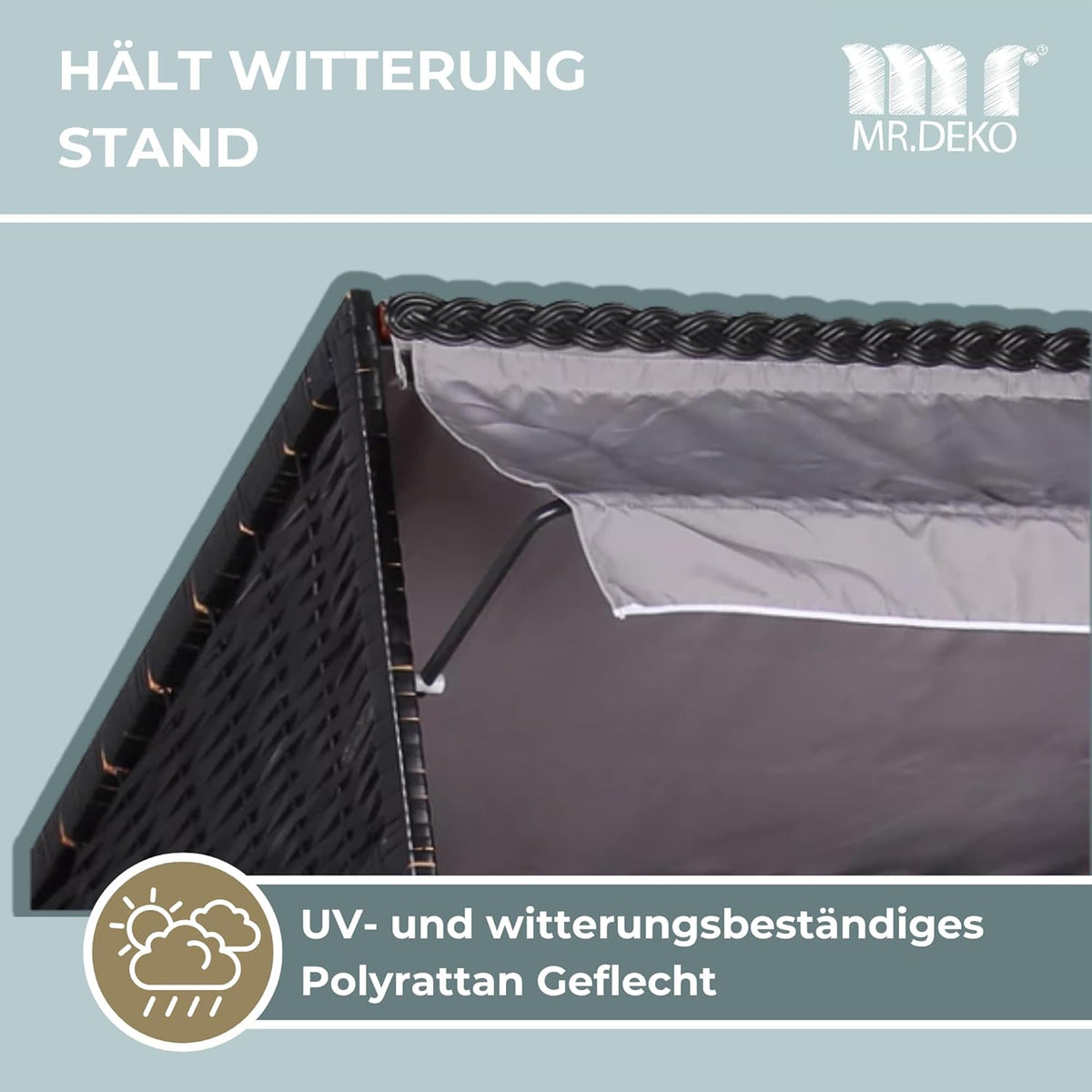 Strandkorb Ostsee Volllieger 2-Sitzer | PE Geflecht Schwarz Bezug Uni grau | inkl. 4 Kissen & Klapptisch | Strandstuhl verstellbar | Strandkörbe aus Hartholz mit Fußablage (Dessin Uni Grau)