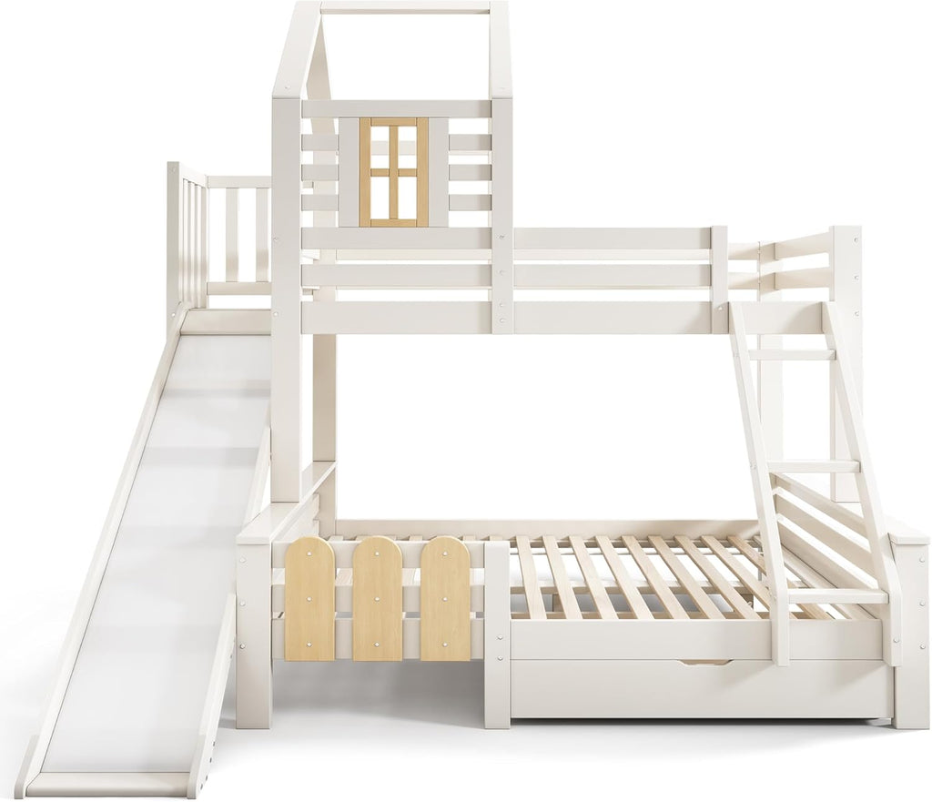 Kinderbett Etagenbett 90x200 & 140x200 cm mit Leiter & Rutsche, Hochbett Hausbett mit Bücherregal & Stauraum Schubladen, Bett Bettgestell mit Lattenrost & Rausfallschutz, Ohne Matratze, Weiß
