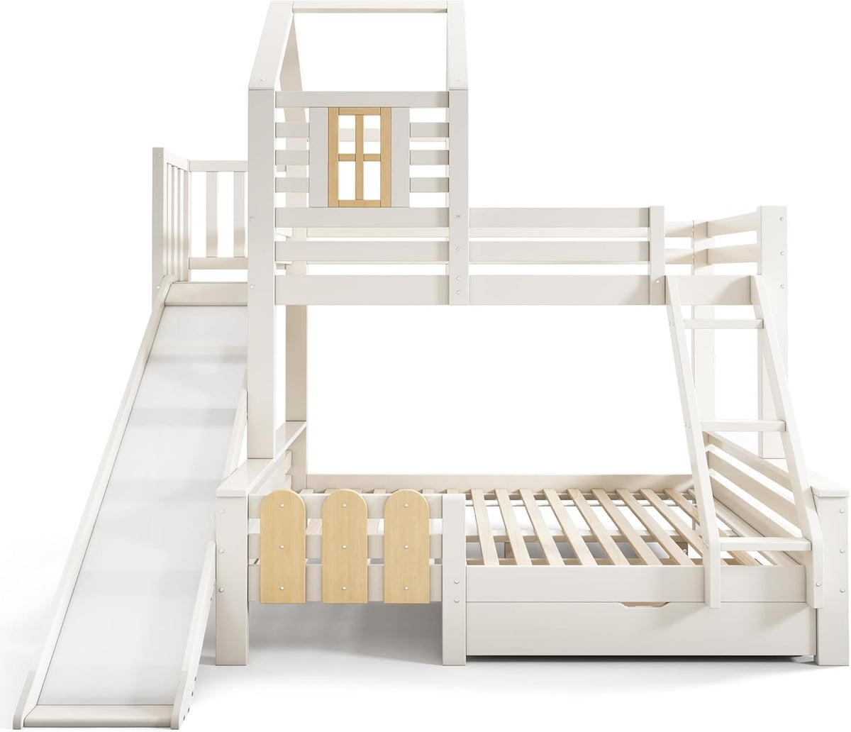 Kinderbett Etagenbett 90x200 & 140x200 cm mit Leiter & Rutsche, Hochbett Hausbett mit Bücherregal & Stauraum Schubladen, Bett Bettgestell mit Lattenrost & Rausfallschutz, Ohne Matratze, Weiß