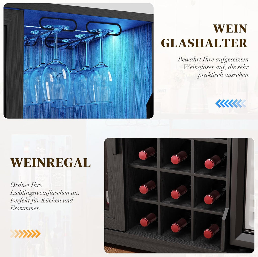 Barschrank mit Kühlschrank (inklusive), weinkühlschrank mit LED-Beleuchtung, Getränkeschrank Sideboard mit Bewegungssensor, Weinschrank für Wohnzimmer Küche Esszimmer (Schwarz)