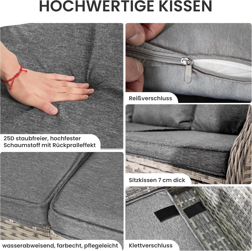 Gotland Rattan Gartenmöbel Set Lounge Möbel Outdoor, Verstellbares 2-Sitzer Terrassenmöbel Außen mit 118° Rückenlehne & Fußhocker, Hochwertige Polster & Glastisch, Wetterfest (Grau)