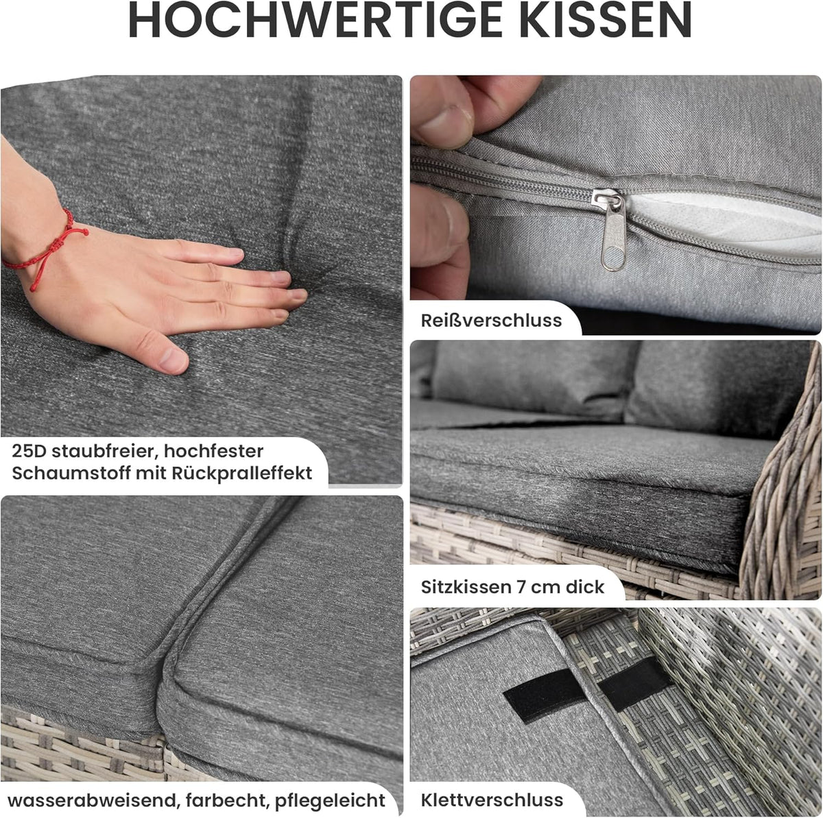 Gotland Rattan Gartenmöbel Set Lounge Möbel Outdoor, Verstellbares 2-Sitzer Terrassenmöbel Außen mit 118° Rückenlehne & Fußhocker, Hochwertige Polster & Glastisch, Wetterfest (Grau)
