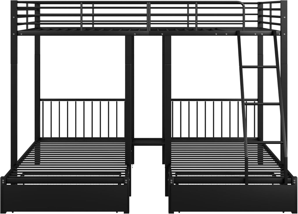 Dreifaches Etagenbett mit Schubladen, Metallbettrahmen, umwandelbar in 140 x 200 Doppelbett und Zwei 90 x 200 Einzelbetten, multifunktionales Metallrahmenbett, Schwarz