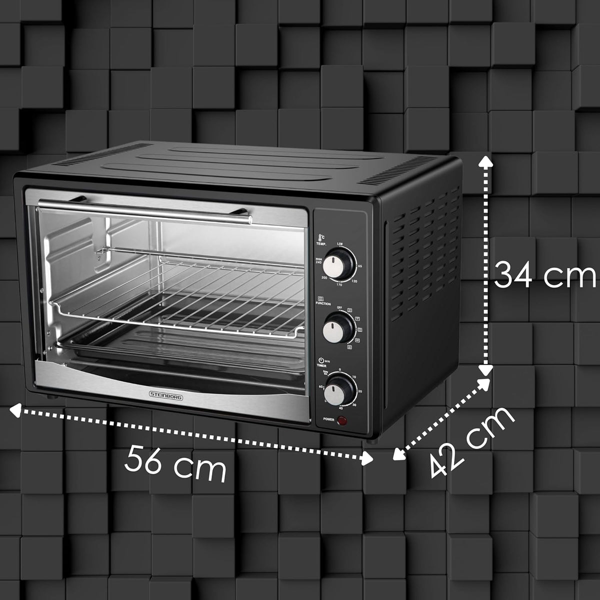 Mini Backofen 45 Liter mit Umluft | Elektrischer Drehspieß | 1800 Watt | Umluft Ofen | Pizzaofen | Innenbeleuchtung | Inkl. Backblech und Grillrost | Minibackofen | Kleiner Backofen | Miniofen